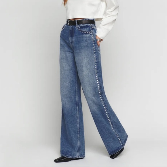 Reformation Denim - NWT Reformation Cary High Rise Slouchy Wide Leg Jeans Chesapeake Studded Blue